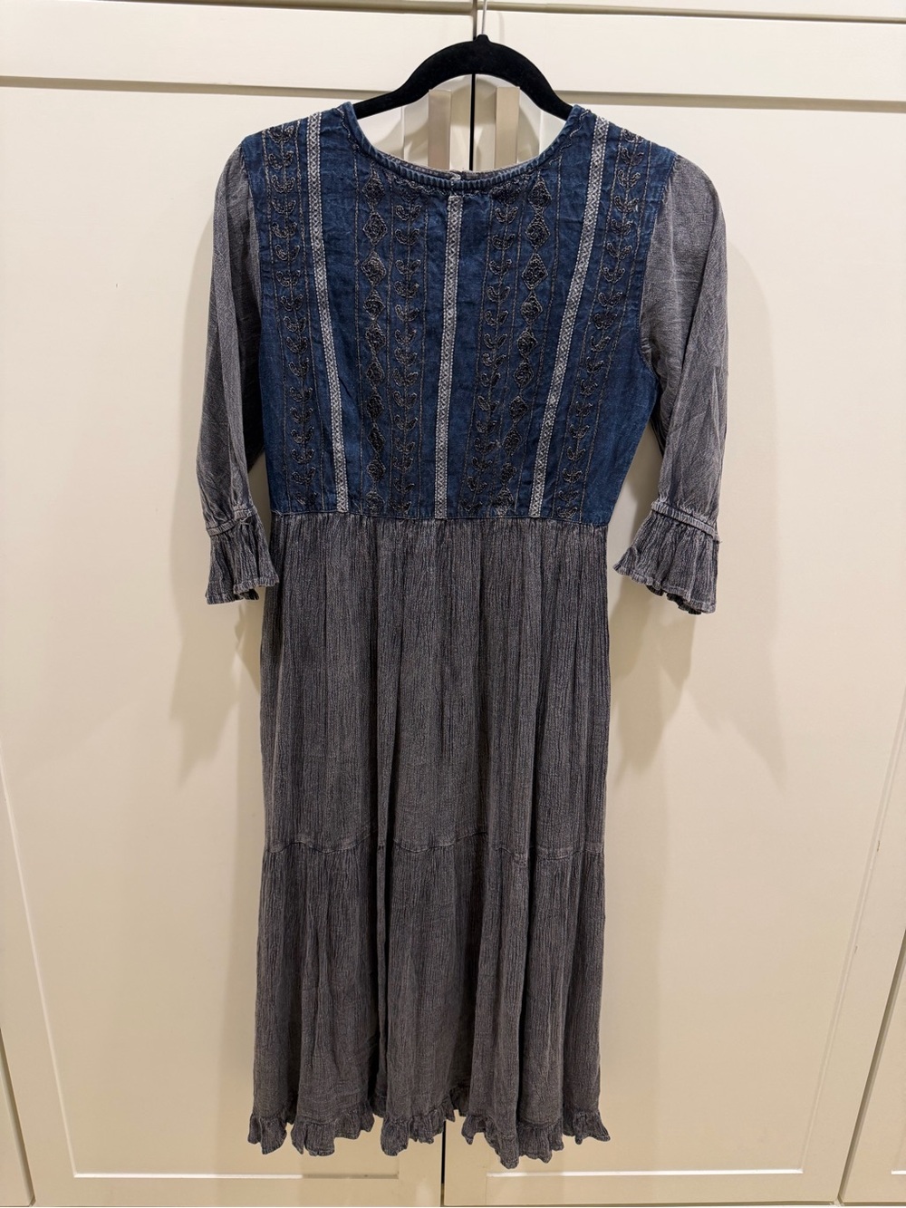 New Young Threads Navy Blue & Gray Embroidered Tiered Midi Dress